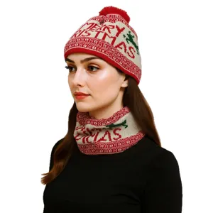 Christmas knitted beanie hat and scarf set winter warm red holiday cute pompom cap