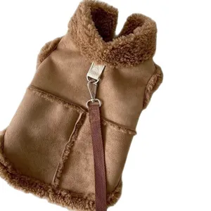 Warm fleece dog vest for small pets winter coat brown puppy apparel with built-in leash ring