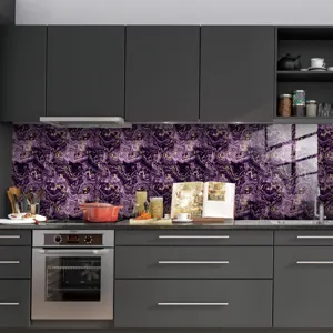 Detailed view of luxury purple marble wall sticker, waterproof kitchen backsplash decor.