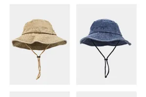 Cappello da pesca in denim lavato con corda antivento, cappello sole pieghevole dettaglio.