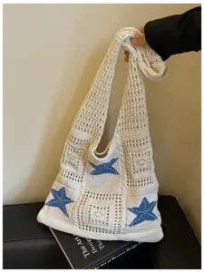 Sac cabas de plage tricoté avec motif d'étoile bleue, sac d'épaule au crochet pour vacances d'été.