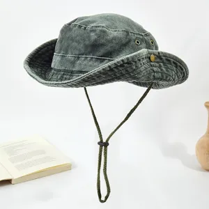 Cappello da pesca in denim lavato per protezione solare all'aperto con cinturino antivento.