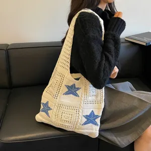 Sac de Plage Tricoté Décontracté pour Femmes Sac Cabas Bandoulière Crochet Ajouré Vacances à la Plage Polyester