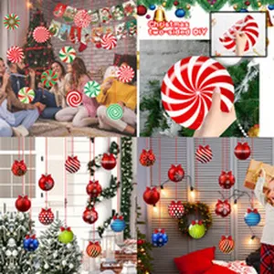 Christmas peppermint swirl ornaments and hanging balls detail view for festive party and home decor.