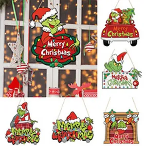 Grinch Christmas wooden hanging sign holiday home decoration cartoon wall pendant plaque