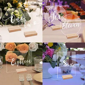 Tarjetas de Número de Mesa de Boda de Acrílico Hexágono Redondo Rectángulo Tarjetas de Sitio con Base de Madera para Fiesta