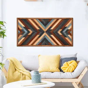 Geometric wooden wall art framed multi-color wood blocks hanging decor for living room