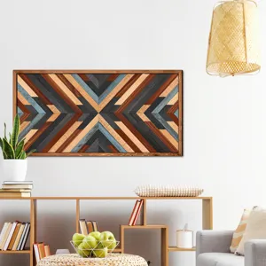 Detailed view of geometric wooden wall art hanging in a modern living room interior.