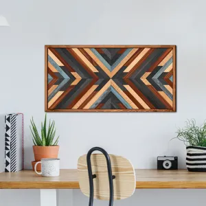 Geometric wooden wall art hanging in modern living room, framed multi-color wood decor.