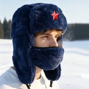 Cappello ushanka in peluche tinta unita caldo invernale con distintivo stella rossa e maschera