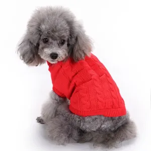 Gros plan détaillé d'un pull pour animal en tricot torsadé rouge, vêtement d'hiver chaud pour chien.