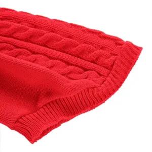 Gros plan sur les details du pull rouge pour chien avec texture en maille et col roule.