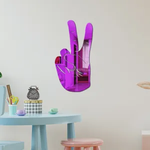 Detailed view of the purple acrylic peace sign mirror wall sticker in a cozy kids room decor.