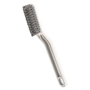 Multi-functional crevice cleaning brush with hard bristles and clip for bathroom and kitchen gaps.