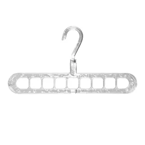 Transparent 9-hole magic clothes hanger, space-saving foldable rotating wardrobe organizer.