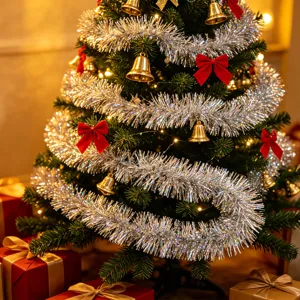 Silver tinsel garland for Christmas tree decoration, thick shiny ribbon streamer for holiday decor.