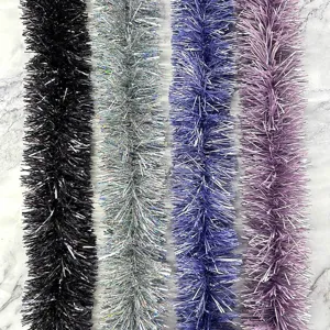 Detailed view of 2m thickened colorful tinsel garlands in black silver and purple for decor.