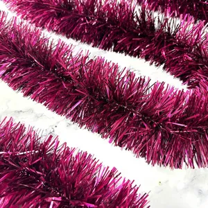 Hot pink tinsel garland, 2m thick metallic fringe ribbon for holiday party and room decoration.