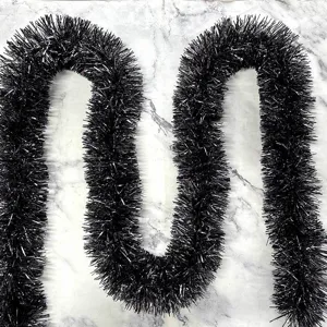 Black tinsel garland 2m thick fluffy ribbon for party decoration holiday home hanging.