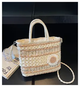 Fashion straw woven handbag for women, stylish casual shoulder crossbody tote bag with sunflower.