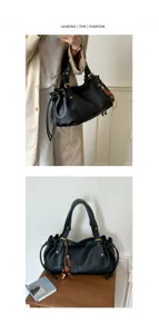 Borsa a tracolla nera da donna in pelle morbida stile coreano con coulisse e nappa.