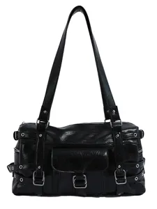 Black punk motorcycle shoulder bag, sweet cool style rivet underarm crossbody bag for women.
