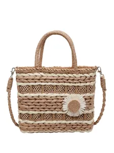Stylish women straw woven tote bag, casual shoulder crossbody bag with cute daisy flower.