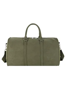 Army green canvas travel duffel bag with shoulder strap for gym and short weekend trips