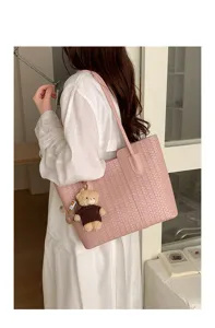 Stylish pink woven tote bag for women, large capacity shoulder handbag for daily work commuting.