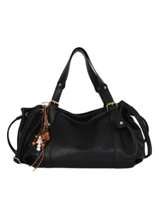 Borsa a tracolla tote donna in pelle morbida nera, elegante borsa casual per lavoro quotidiano.