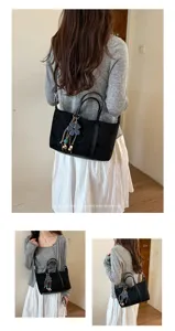 Black suede tote bag for women retro commuter shoulder bag casual stylish handbag with flower charm