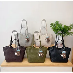 Woven tote bag casual shoulder bag large capacity simple style daily commuter handbag for women