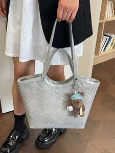 Stylish textured large capacity woven tote bag, casual commuter shoulder bag for women summer.