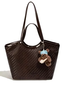 Stylish woven leather tote bag for women, large capacity commuter bag with bear charm.