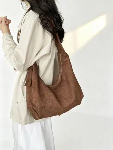 Vintage braune Wildleder Schulter Shopper Tasche für Damen, einfarbige Alltag Pendler Tasche.