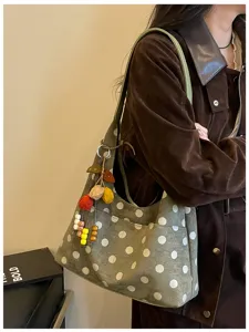 Retro suede polka dot shoulder bag for women autumn winter daily commute tote bag with charms.