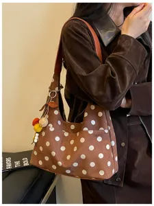 Retro polka dot suede tote bag, large capacity casual shoulder bag for women autumn.
