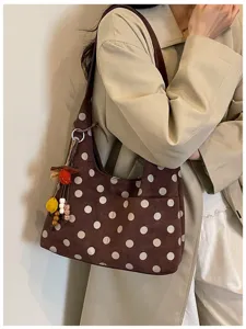 Vintage brown suede polka dot tote bag for women, large capacity shoulder bag for daily use.