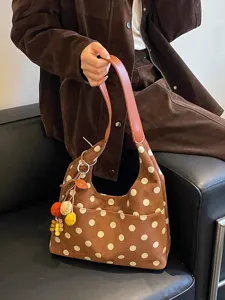 Retro brown suede polka dot shoulder bag for women, large capacity autumn winter tote bag casual.