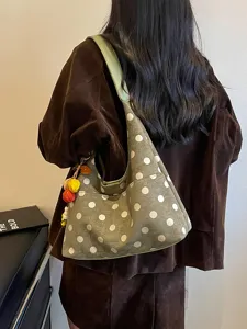 Retro suede polka dot shoulder bag for women, casual autumn winter tote bag with cute charm.