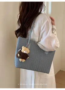Women stylish woven leather shoulder tote bag large capacity casual handbag with cute bear charm