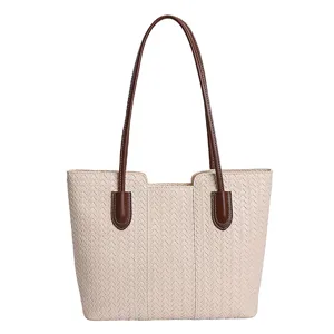 Stylish women woven tote bag casual shoulder handbag large capacity commuter purse daily use