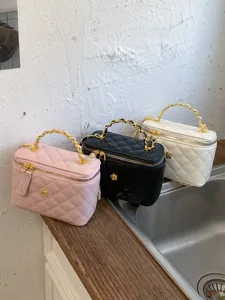 Women Quilted Vanity Box Bag Chic Chain Handle Cosmetic Case Casual Crossbody Handbag