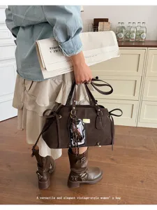Borsa a spalla vintage marrone da donna, elegante borsa grande per lavoro e shopping.