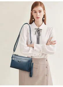 Detail view of stylish blue PU leather shoulder crossbody bag with multi-layer design.