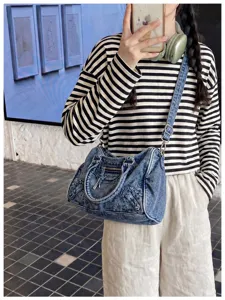 Vintage washed denim motorcycle shoulder bag trendy Y2K crossbody tote handbag for women