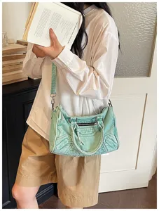 Vintage washed denim motorcycle shoulder bag for women trendy crossbody designer style