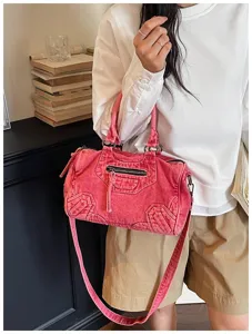 Pink washed denim motorcycle shoulder bag, stylish retro women crossbody handbag.