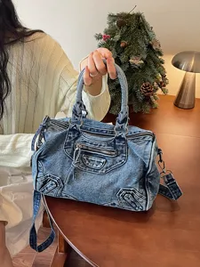 Vintage Washed Denim Motorcycle Tote Bag Women Commuter Casual Shoulder Crossbody Bag Metal Zipper Handbag