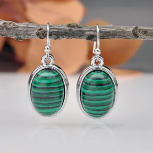 Retro 925 Silber grüne Malachit ovale Ohrringe, elegante Vintage Edelstein Schmuck für Damen.